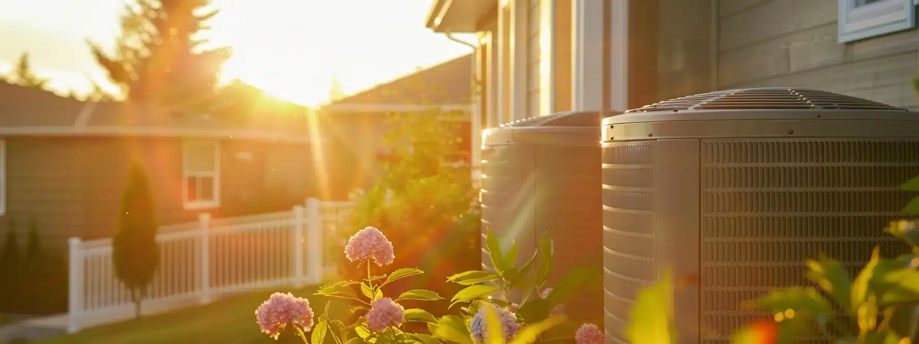 a modern calgary home basked in golden sunlight, with sleek air conditioning units installed on the exterior, exuding an inviting atmosphere of comfort and enhanced air quality during a bright summer day.