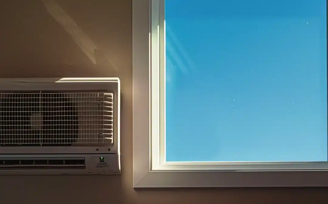 a sun-drenched calgary home, with an elegant air conditioning unit prominently installed in the window, contrasts against a vibrant blue sky, embodying the refreshing comfort of modern living.