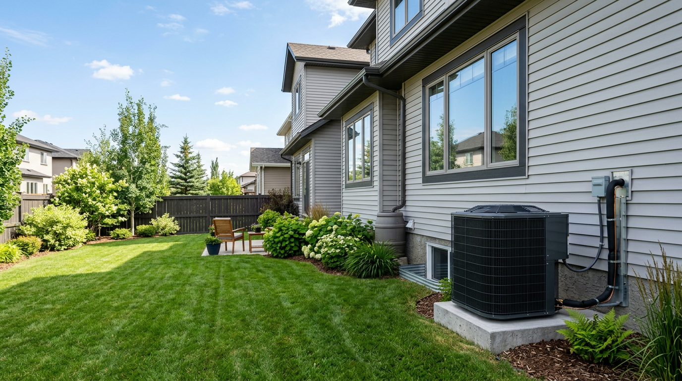 A central air conditioning unit installed at a Calgary home