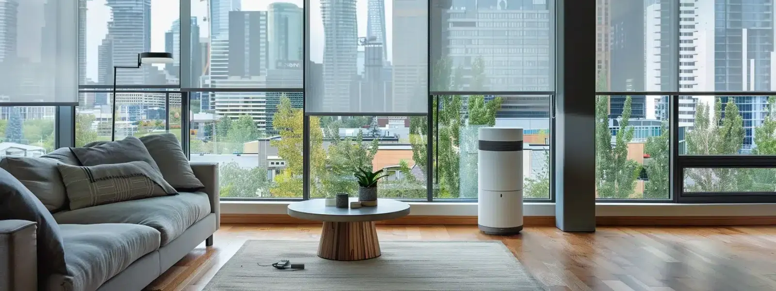 a modern, minimalistic home interior showcases a sleek evaporative cooler alongside innovative shade solutions, with the backdrop of urban calgary visible through large windows, emphasizing alternative cooling methods for home comfort.
