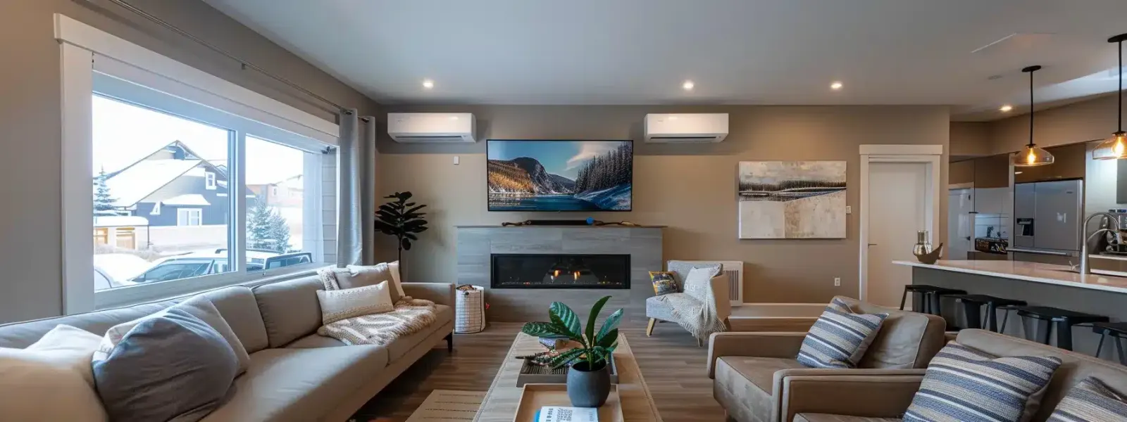 a modern, stylish home interior in calgary showcases a sleek air conditioning unit prominently on the wall, surrounded by comfortable furnishings, with an expert engaging in a discussion about energy efficiency and installation benefits.
