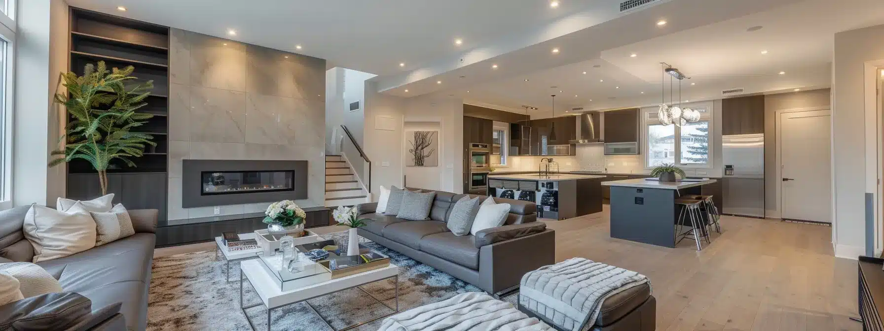 A modern home interior showcases a sleek, energy-efficient air conditioning unit prominently installed on the wall, with a stylish living area in the background, emphasizing the comfort and technological sophistication of various cooling options available for Calgary homeowners.