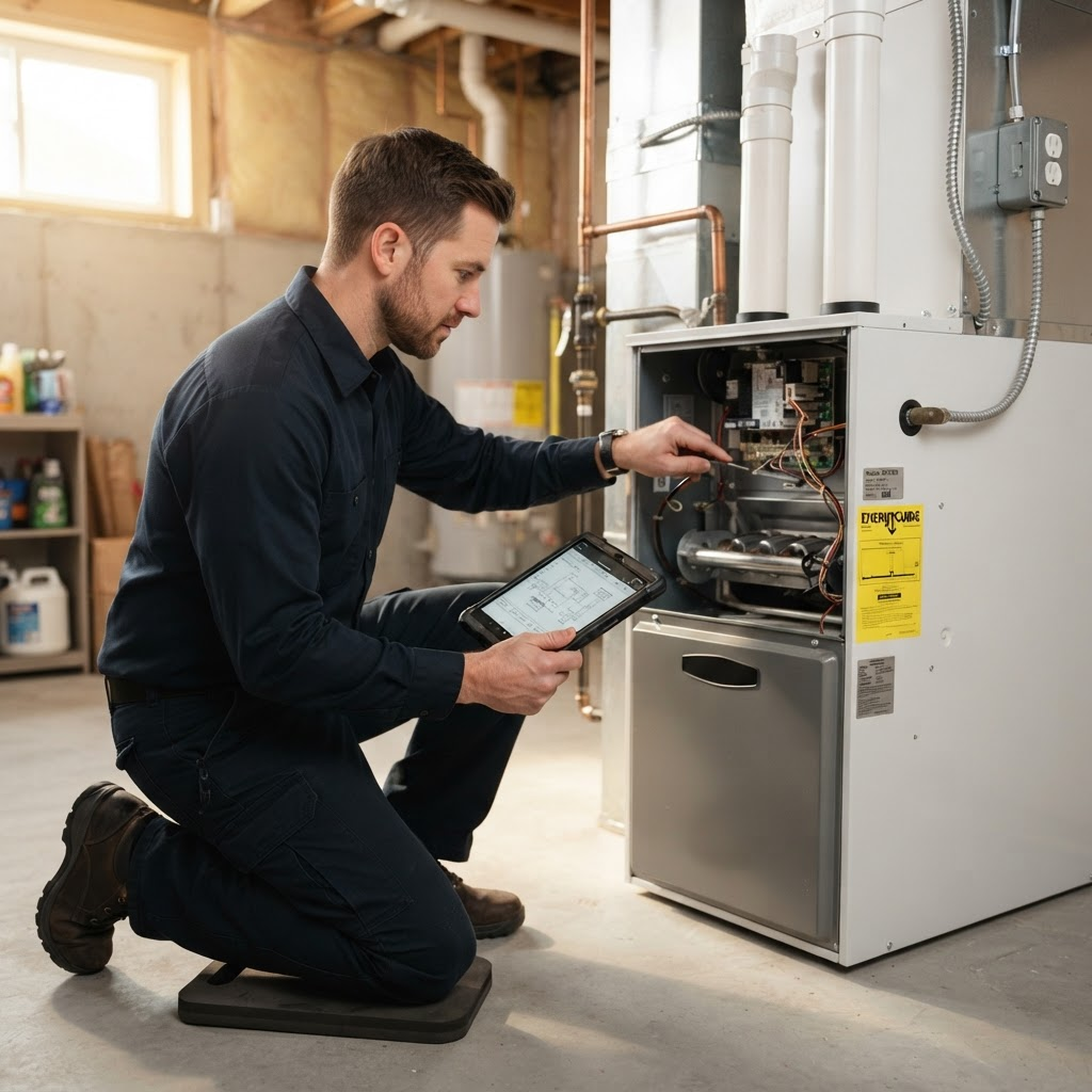 Technician repairing a residential furnace