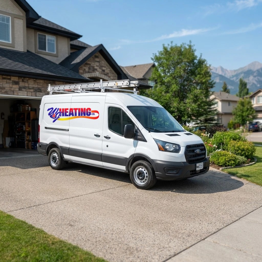 W & J Heating service van in a Calgary residential driveway
