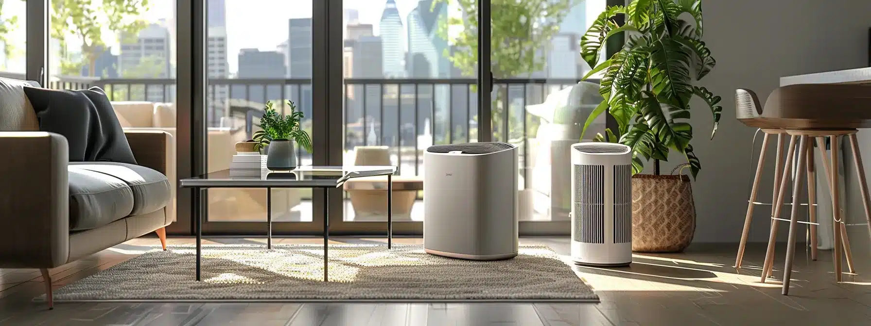 a modern calgary living room showcases a sleek air conditioning unit prominently, surrounded by clean lines and minimalist furnishings, emphasizing comfort and enhanced indoor air quality in an urban setting.