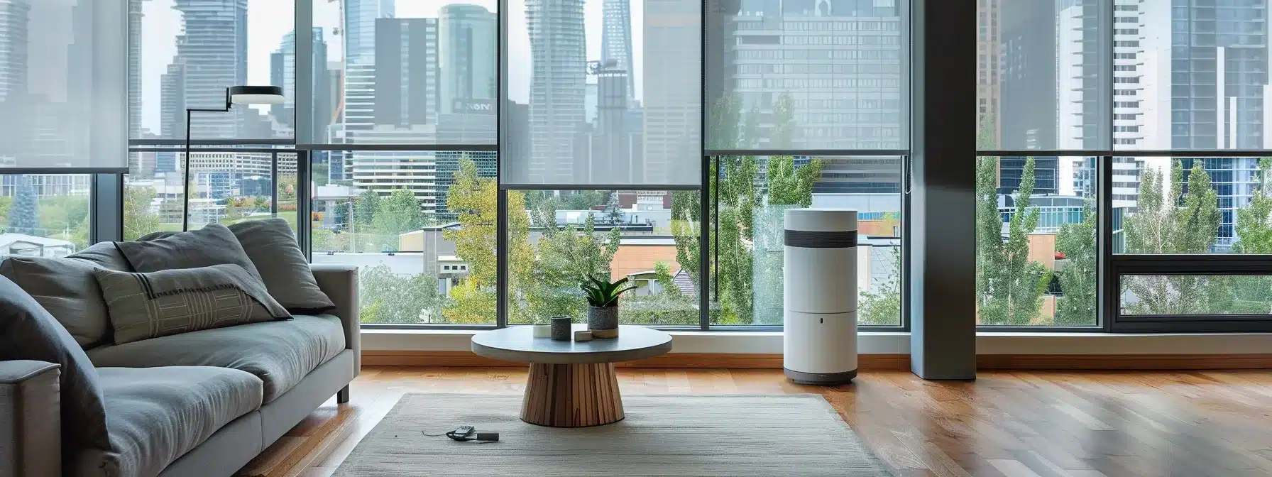a modern, minimalistic home interior showcases a sleek evaporative cooler alongside innovative shade solutions, with the backdrop of urban calgary visible through large windows, emphasizing alternative cooling methods for home comfort.