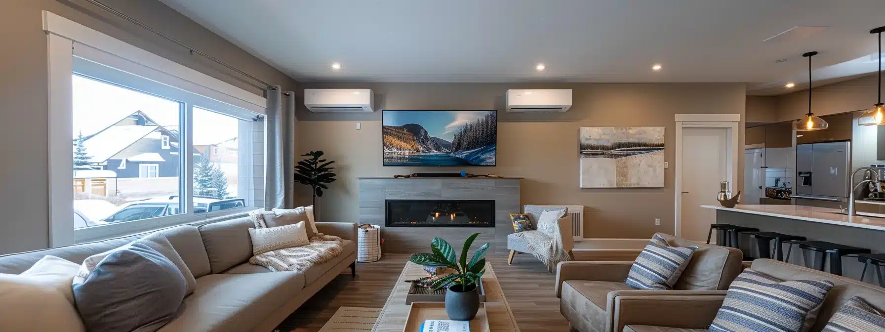 a modern, stylish home interior in calgary showcases a sleek air conditioning unit prominently on the wall, surrounded by comfortable furnishings, with an expert engaging in a discussion about energy efficiency and installation benefits.
